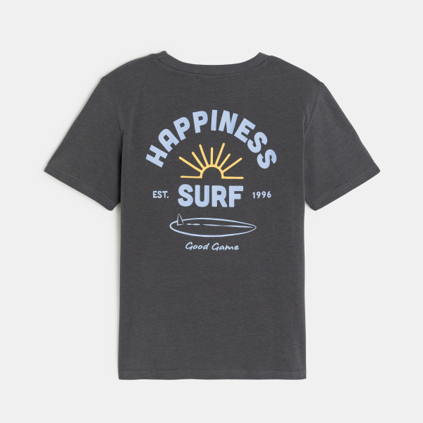 تيشيرت رمادي بأكمام قصيرة مطبوع عليه كلمات من الأمام والظهر للأولاد